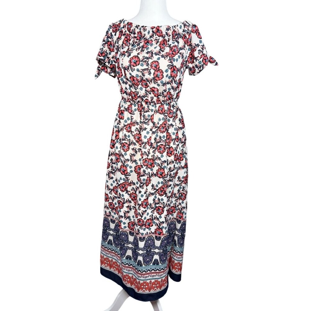 Hint Of Blush Size M Women Maxi Dress Floral Boho With Tie Waist Ruffle Neckline